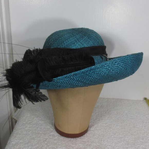 Sonni Hat 40s Vintage Teal Straw Fancy Black Feather Rhinestone Woven Size 6 7/8 main image 10